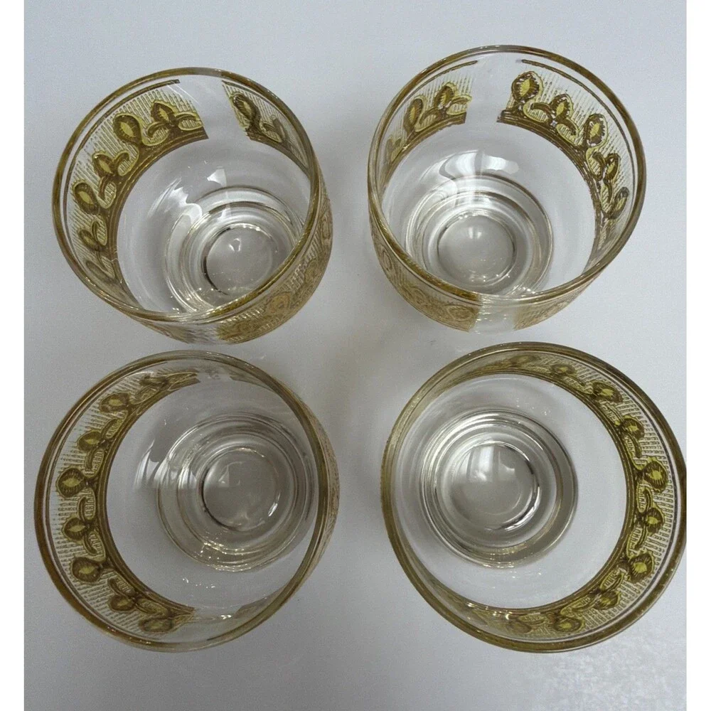 MCM Culver Fleur De Lis Lowball Glasses Set of 4 22KG Gold Citrine Yellow 1960s